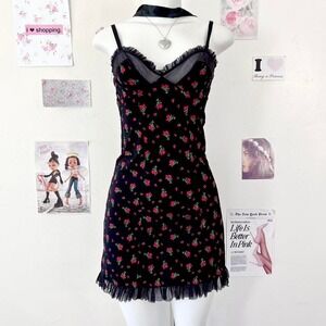 Victoria's Secret Y2K Black Pink Floral Ruffle Mini Dress  / Coquette Aesthetic